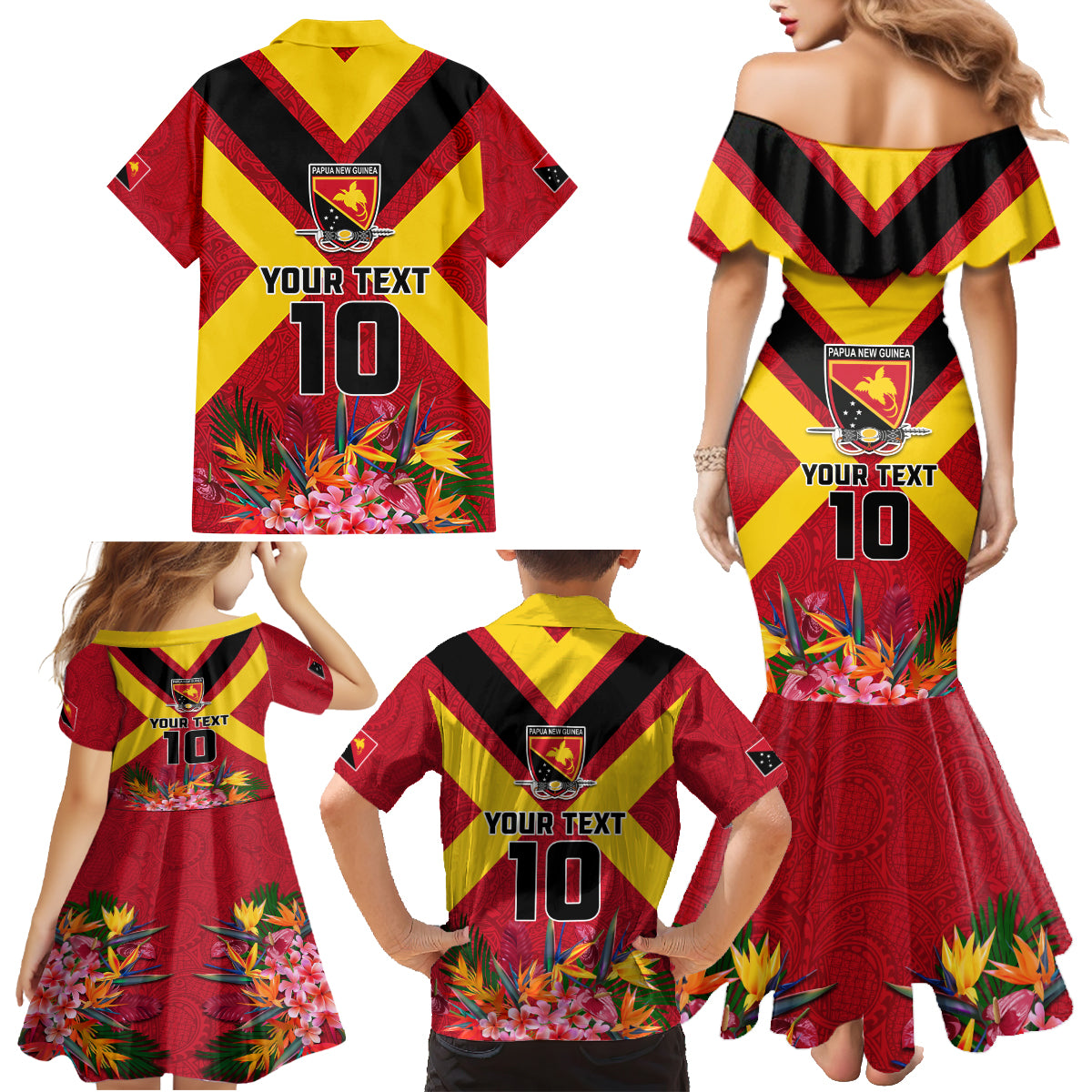 Custom Papua New Guinea Rugby Family Matching Mermaid Dress and Hawaiian Shirt Bird of Paradise and Hibiscus Polynesian Pattern Red Color LT03