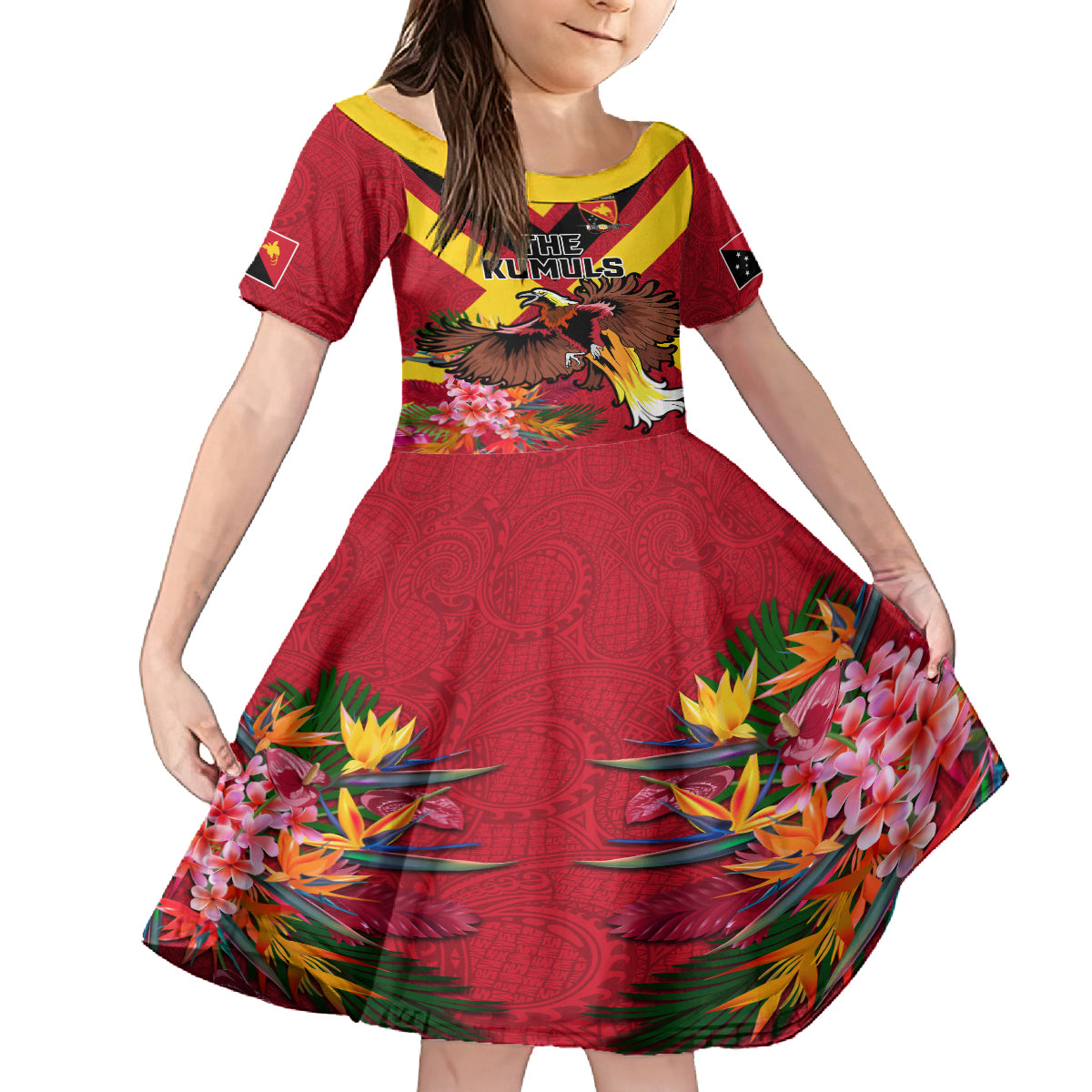 Custom Papua New Guinea Rugby Family Matching Off The Shoulder Long Sleeve Dress and Hawaiian Shirt Bird of Paradise and Hibiscus Polynesian Pattern Red Color LT03