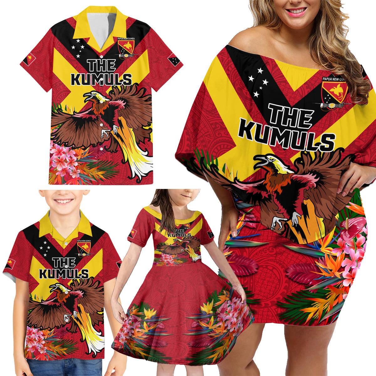 Custom Papua New Guinea Rugby Family Matching Off Shoulder Short Dress and Hawaiian Shirt Bird of Paradise and Hibiscus Polynesian Pattern Red Color LT03