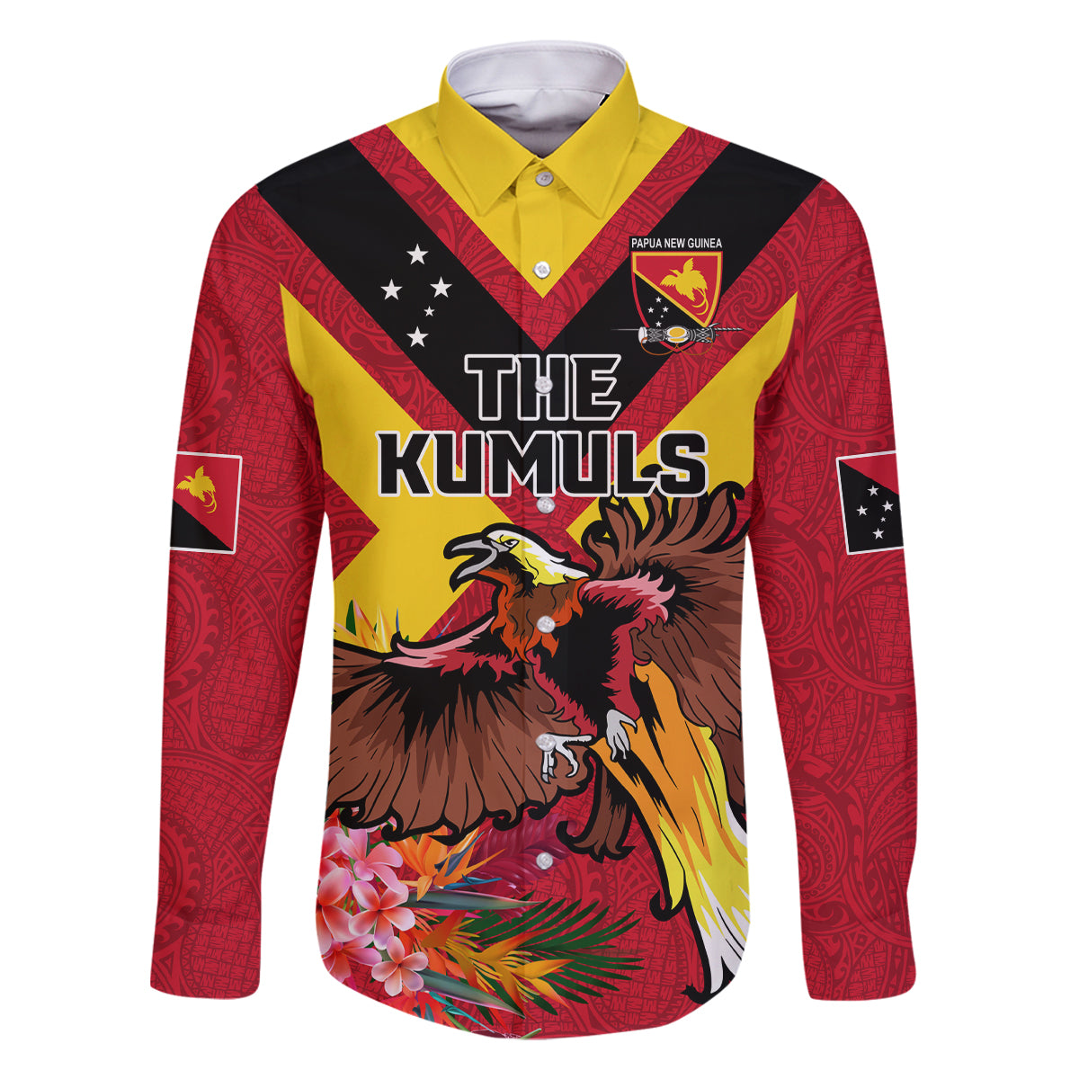 Custom Papua New Guinea Rugby Family Matching Tank Maxi Dress and Hawaiian Shirt Bird of Paradise and Hibiscus Polynesian Pattern Red Color LT03 Dad's Shirt - Long Sleeve Red - Polynesian Pride