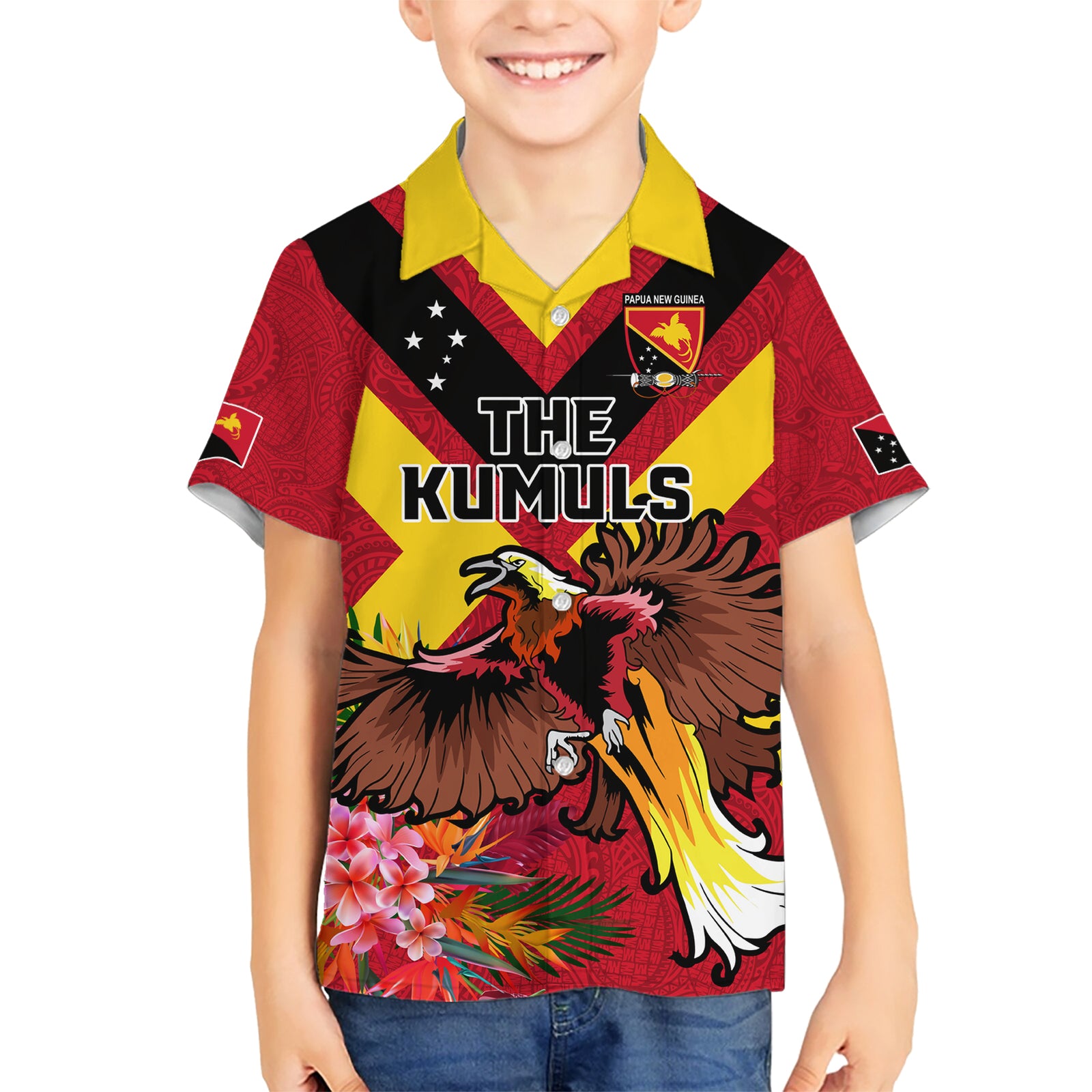 Custom Papua New Guinea Rugby Kid Hawaiian Shirt Bird of Paradise and Hibiscus Polynesian Pattern Red Color LT03 Kid Red - Polynesian Pride