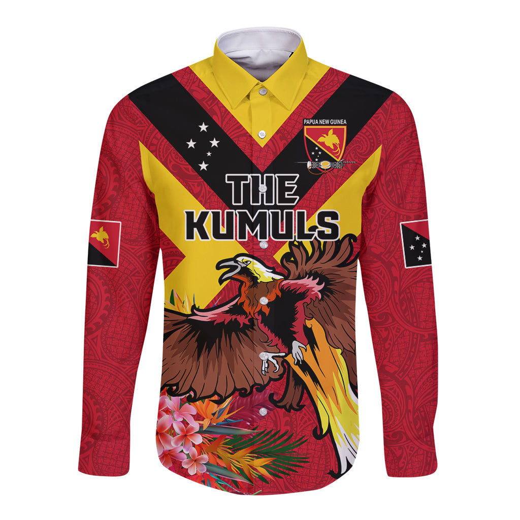 Custom Papua New Guinea Rugby Long Sleeve Button Shirt Bird of Paradise and Hibiscus Polynesian Pattern Red Color LT03 Unisex Red - Polynesian Pride