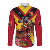 Custom Papua New Guinea Rugby Long Sleeve Button Shirt Bird of Paradise and Hibiscus Polynesian Pattern Red Color LT03 Unisex Red - Polynesian Pride