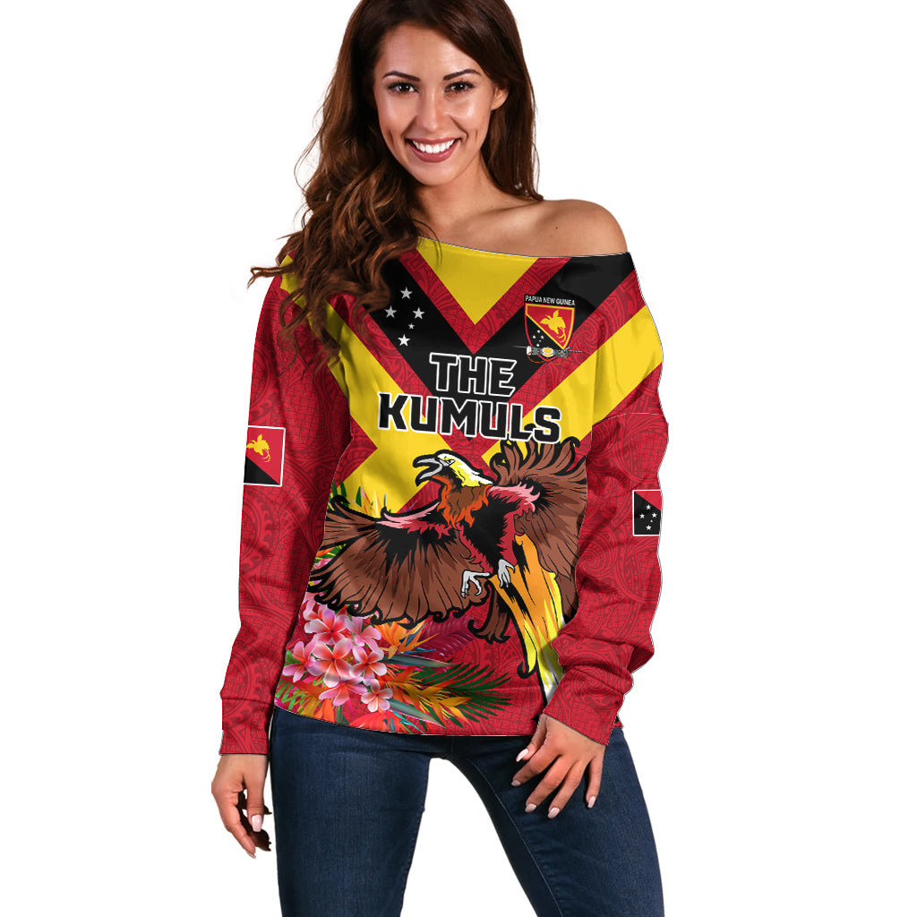 Custom Papua New Guinea Rugby Off Shoulder Sweater Bird of Paradise and Hibiscus Polynesian Pattern Red Color LT03 Women Red - Polynesian Pride