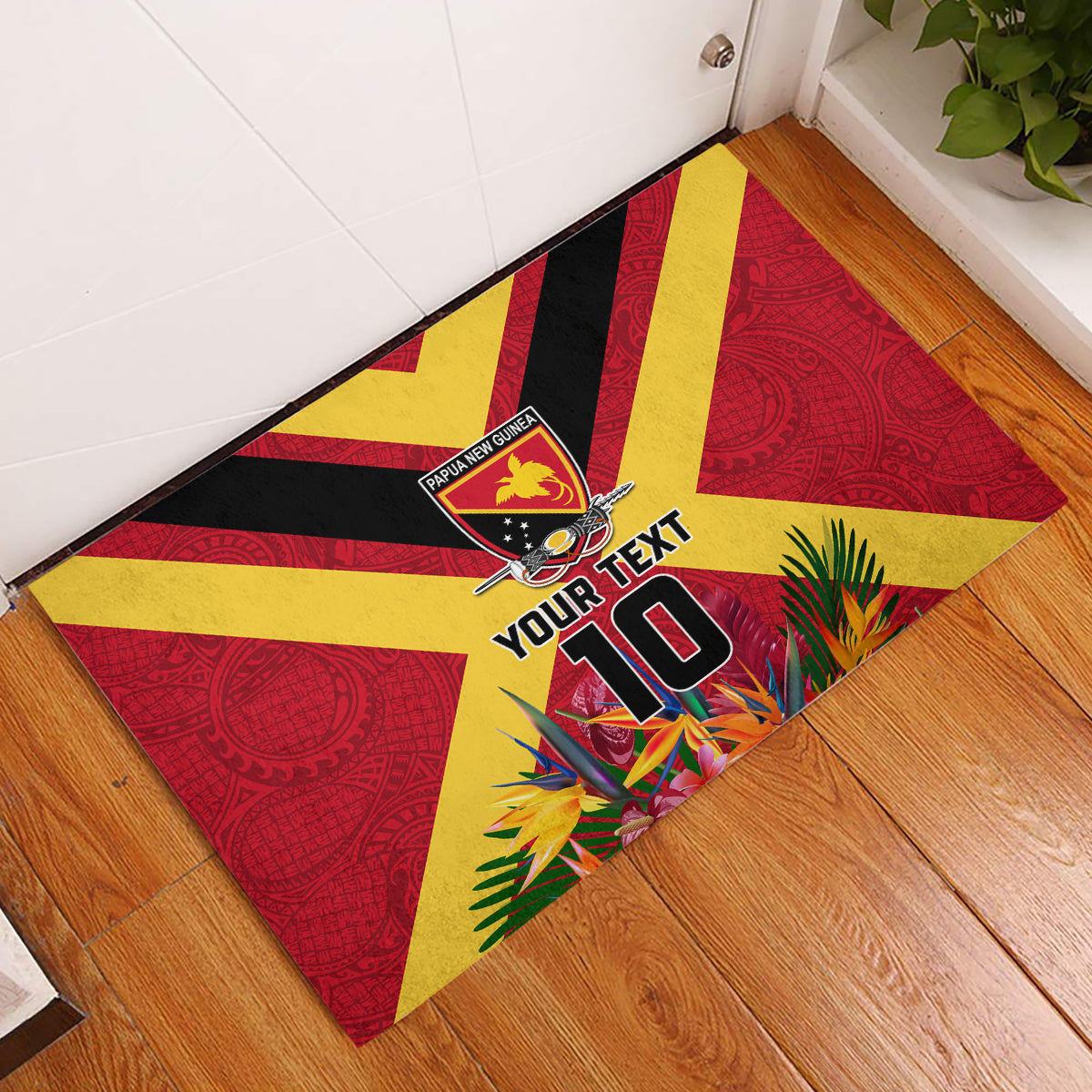 Custom Papua New Guinea Rugby Rubber Doormat Bird of Paradise and Hibiscus Polynesian Pattern Red Color