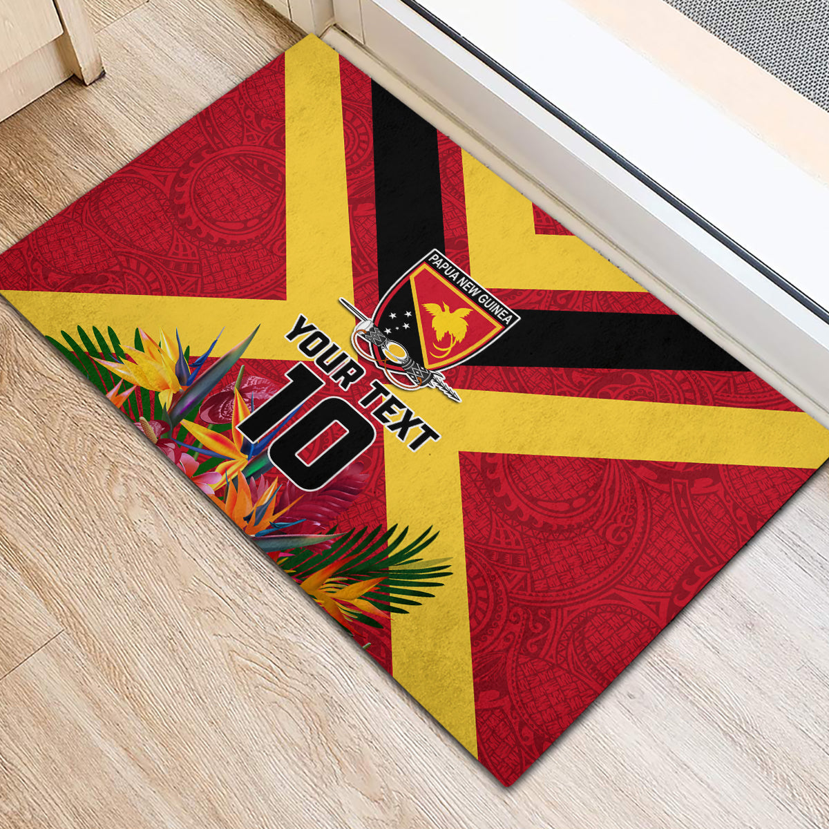 Custom Papua New Guinea Rugby Rubber Doormat Bird of Paradise and Hibiscus Polynesian Pattern Red Color