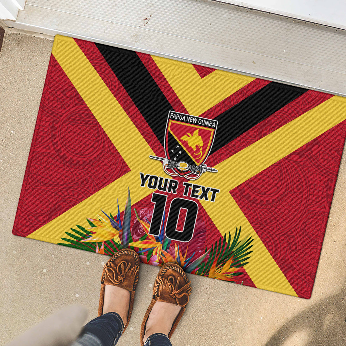 Custom Papua New Guinea Rugby Rubber Doormat Bird of Paradise and Hibiscus Polynesian Pattern Red Color