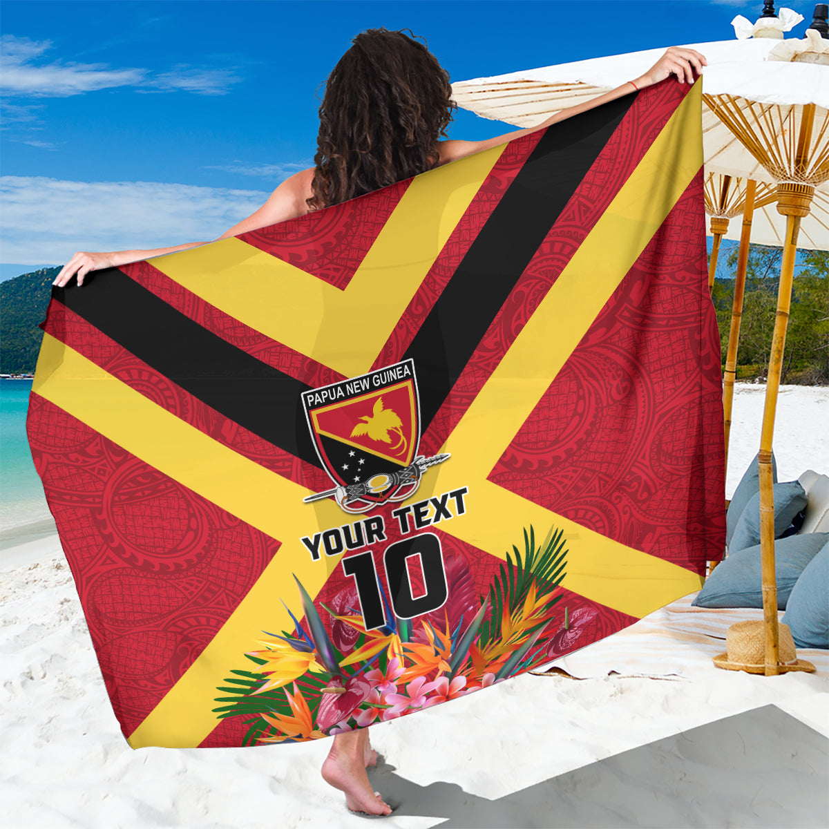 Custom Papua New Guinea Rugby Sarong Bird of Paradise and Hibiscus Polynesian Pattern Red Color