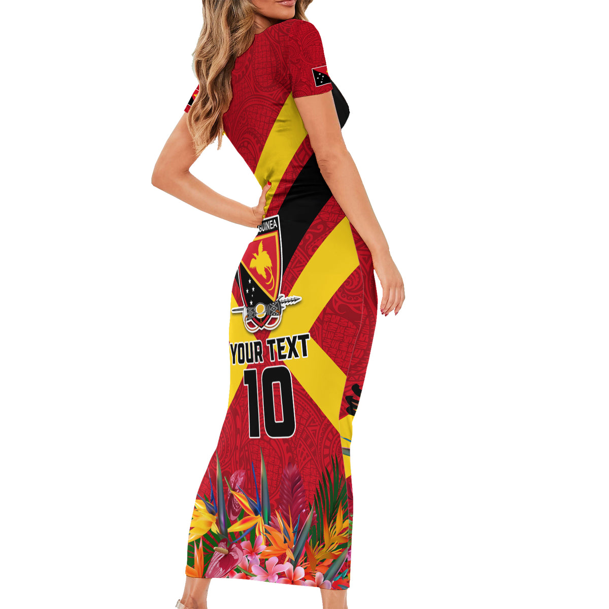Custom Papua New Guinea Rugby Short Sleeve Bodycon Dress Bird of Paradise and Hibiscus Polynesian Pattern Red Color LT03