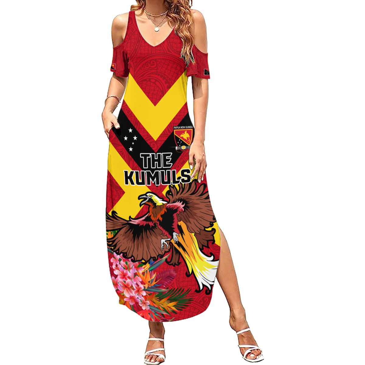 Custom Papua New Guinea Rugby Summer Maxi Dress Bird of Paradise and Hibiscus Polynesian Pattern Red Color LT03