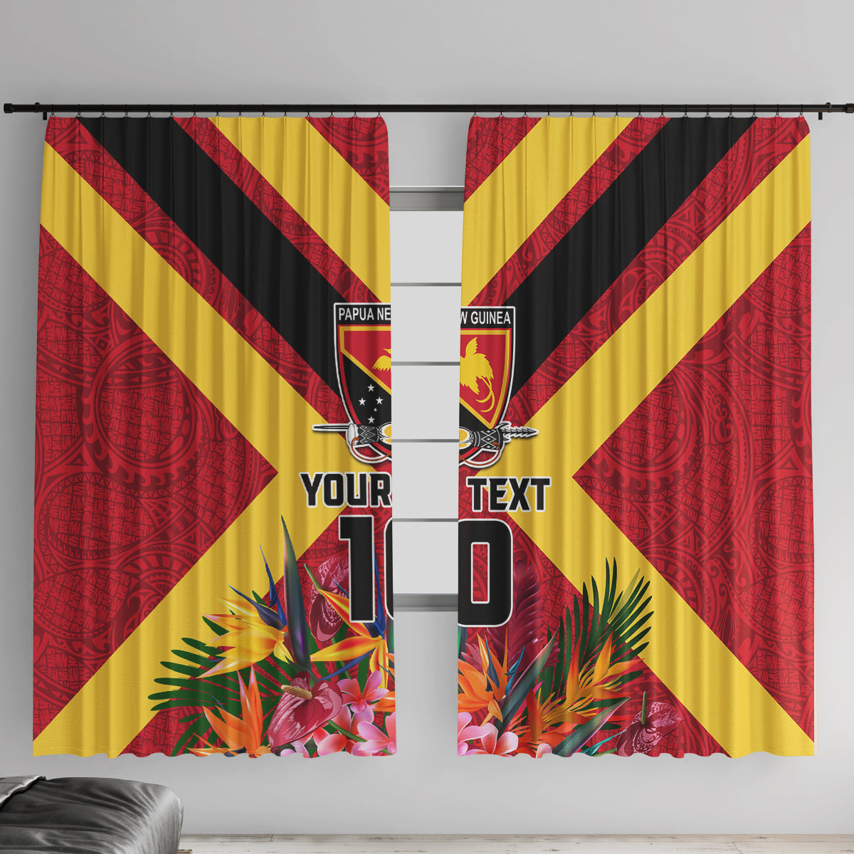 Custom Papua New Guinea Rugby Window Curtain Bird of Paradise and Hibiscus Polynesian Pattern Red Color LT03 With Hooks Red - Polynesian Pride