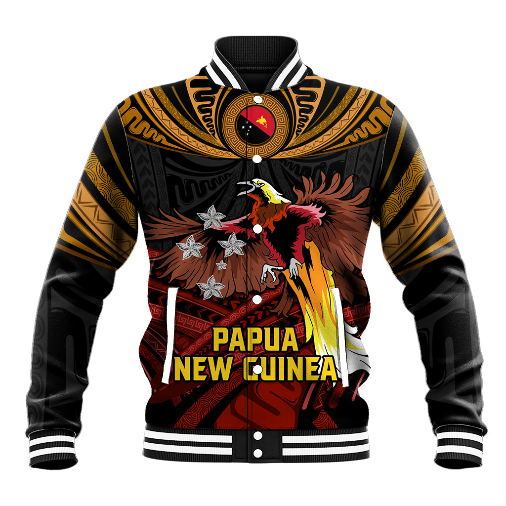 Papua New Guinea Bird-of-Paradise Baseball Jacket Coat of Arms and Tribal Patterns LT03 Unisex Black - Polynesian Pride