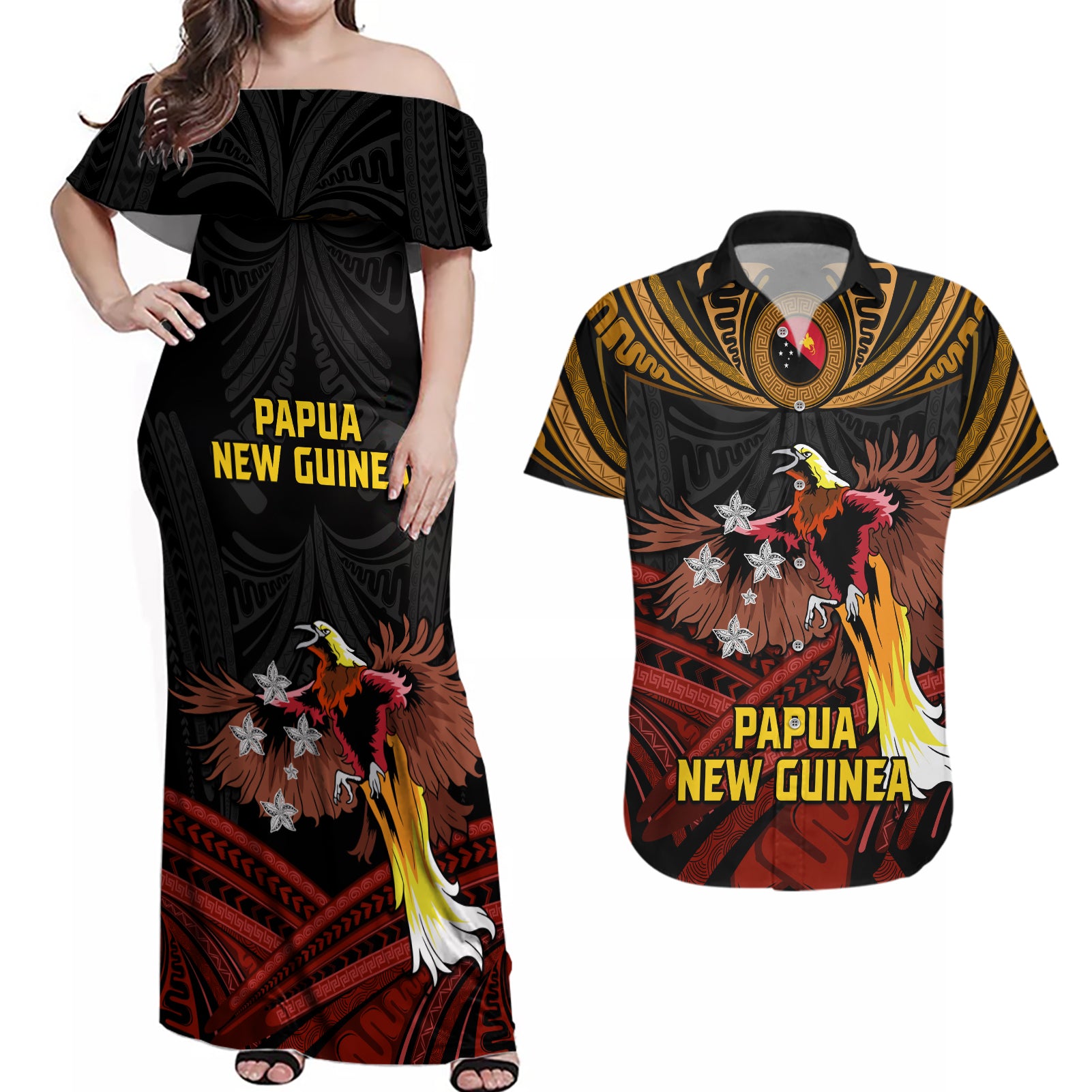 Papua New Guinea Bird-of-Paradise Couples Matching Off Shoulder Maxi Dress and Hawaiian Shirt Coat of Arms and Tribal Patterns LT03 Black - Polynesian Pride