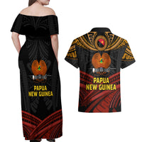 Papua New Guinea Bird-of-Paradise Couples Matching Off Shoulder Maxi Dress and Hawaiian Shirt Coat of Arms and Tribal Patterns LT03 - Polynesian Pride