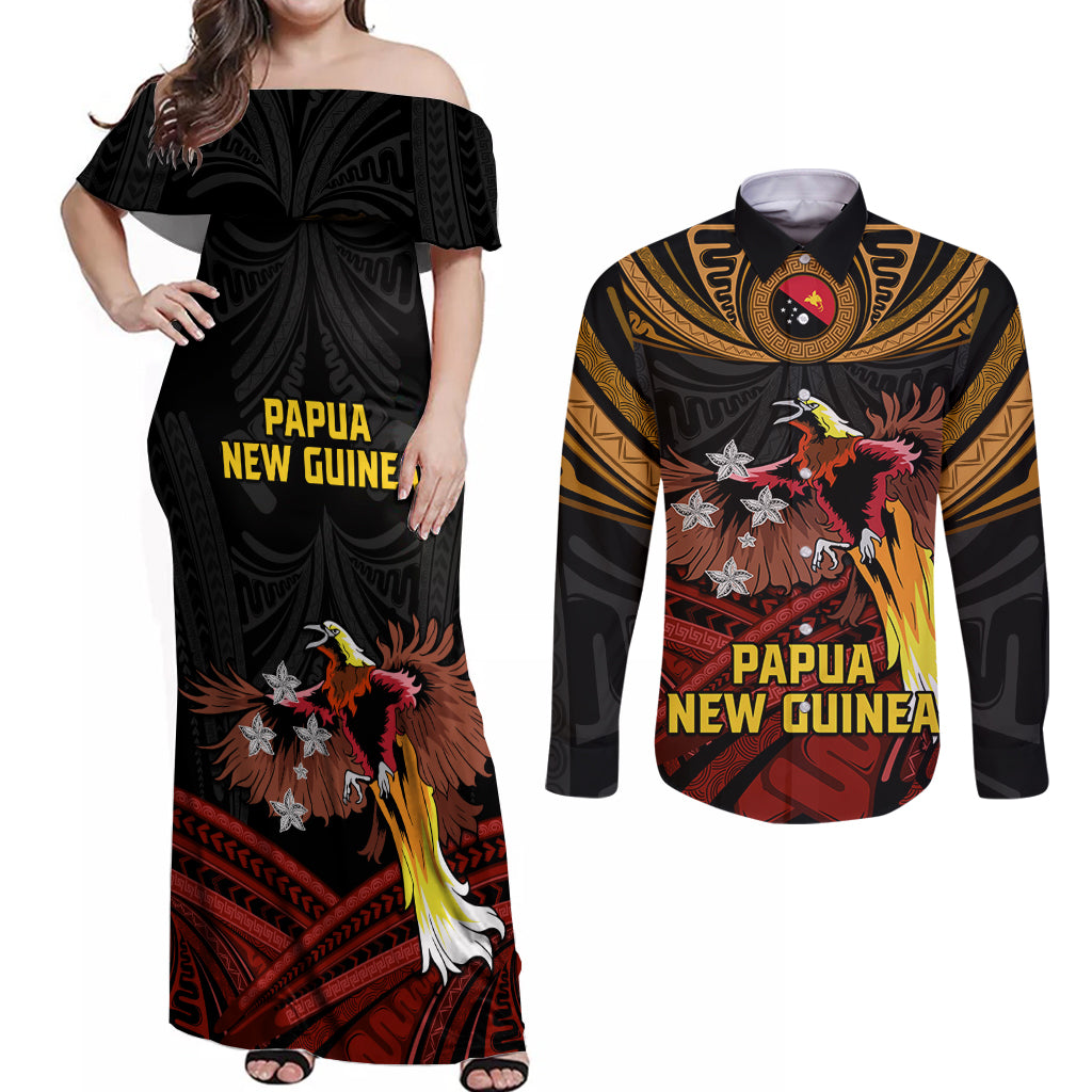 Papua New Guinea Bird-of-Paradise Couples Matching Off Shoulder Maxi Dress and Long Sleeve Button Shirt Coat of Arms and Tribal Patterns LT03 Black - Polynesian Pride