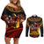 Papua New Guinea Bird-of-Paradise Couples Matching Off Shoulder Short Dress and Long Sleeve Button Shirt Coat of Arms and Tribal Patterns LT03 Black - Polynesian Pride