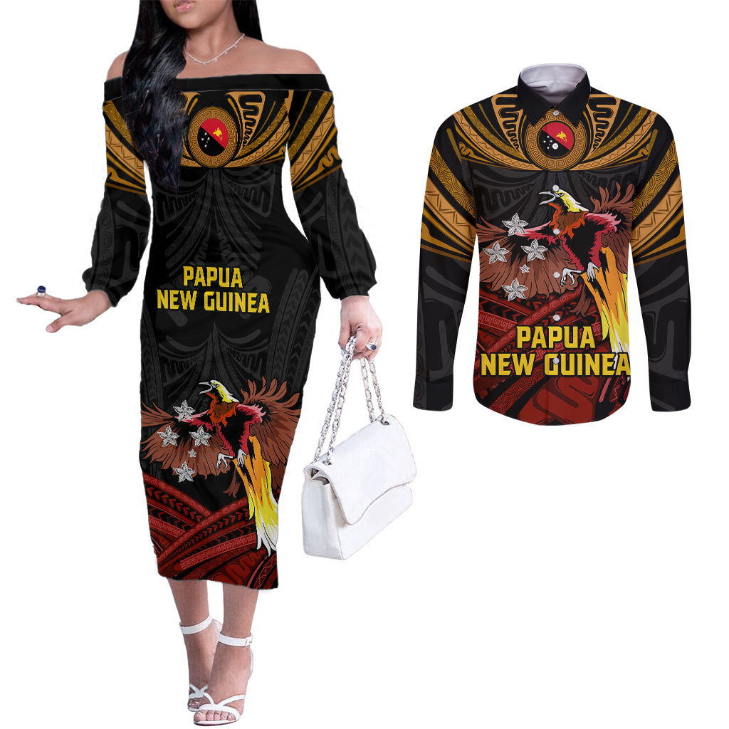 Papua New Guinea Bird-of-Paradise Couples Matching Off The Shoulder Long Sleeve Dress and Long Sleeve Button Shirt Coat of Arms and Tribal Patterns LT03 Black - Polynesian Pride