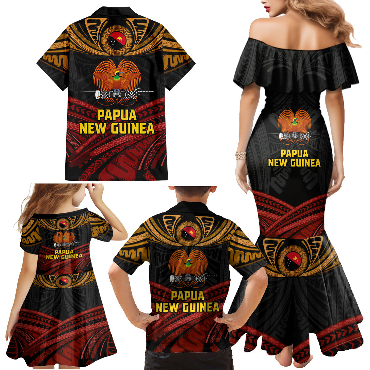 Papua New Guinea Bird-of-Paradise Family Matching Mermaid Dress and Hawaiian Shirt Coat of Arms and Tribal Patterns LT03 - Polynesian Pride
