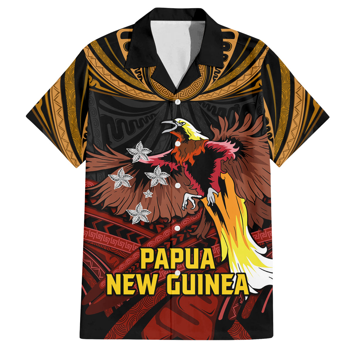 Papua New Guinea Bird-of-Paradise Family Matching Off Shoulder Maxi Dress and Hawaiian Shirt Coat of Arms and Tribal Patterns LT03 Dad's Shirt - Short Sleeve Black - Polynesian Pride