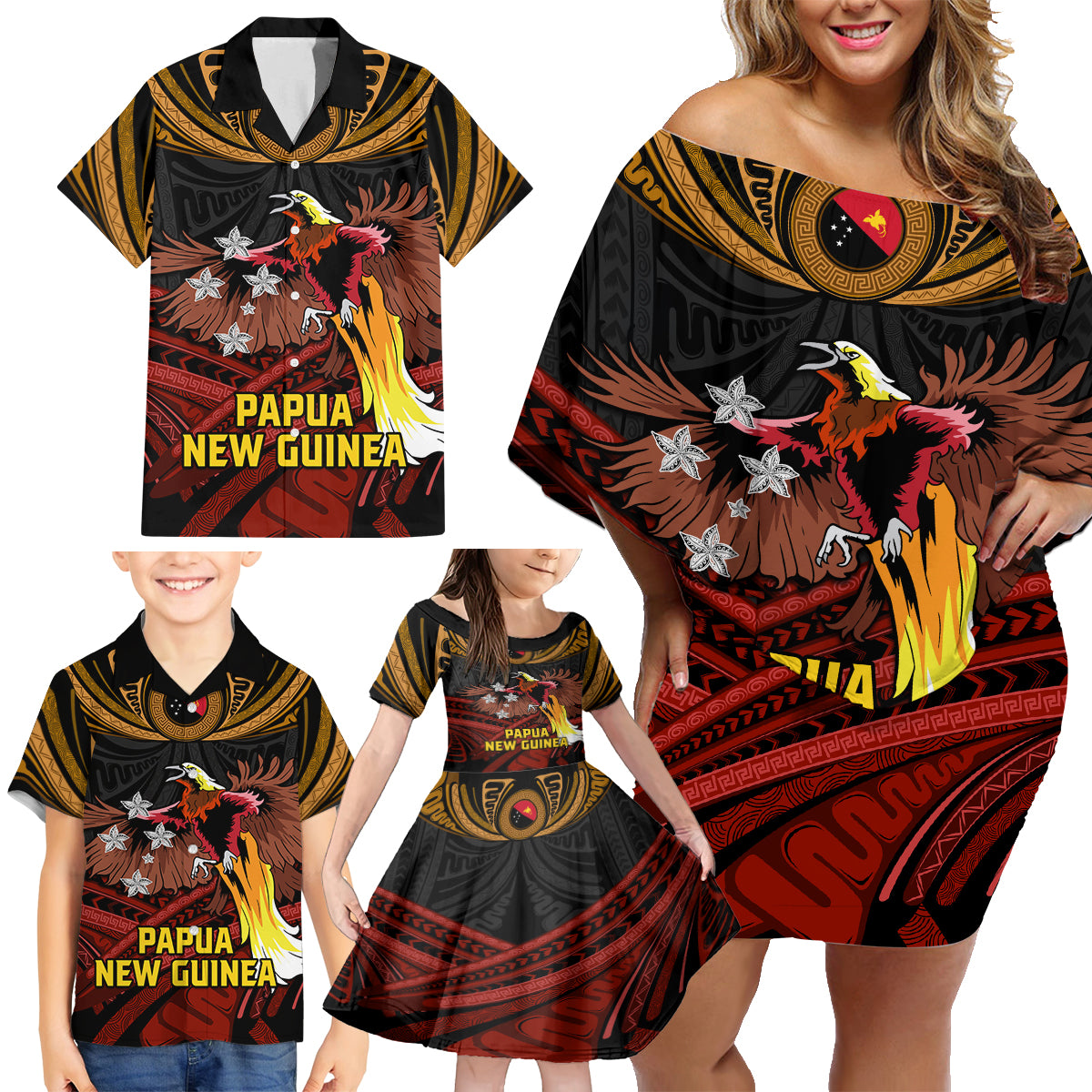 Papua New Guinea Bird-of-Paradise Family Matching Off Shoulder Short Dress and Hawaiian Shirt Coat of Arms and Tribal Patterns LT03 - Polynesian Pride