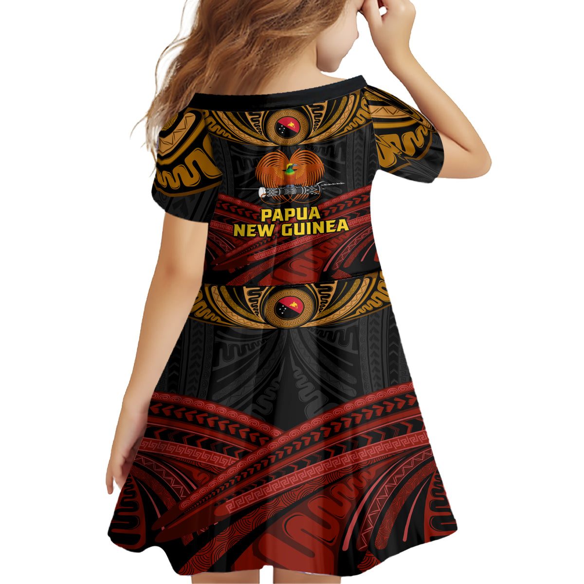 Papua New Guinea Bird-of-Paradise Family Matching Short Sleeve Bodycon Dress and Hawaiian Shirt Coat of Arms and Tribal Patterns LT03 - Polynesian Pride