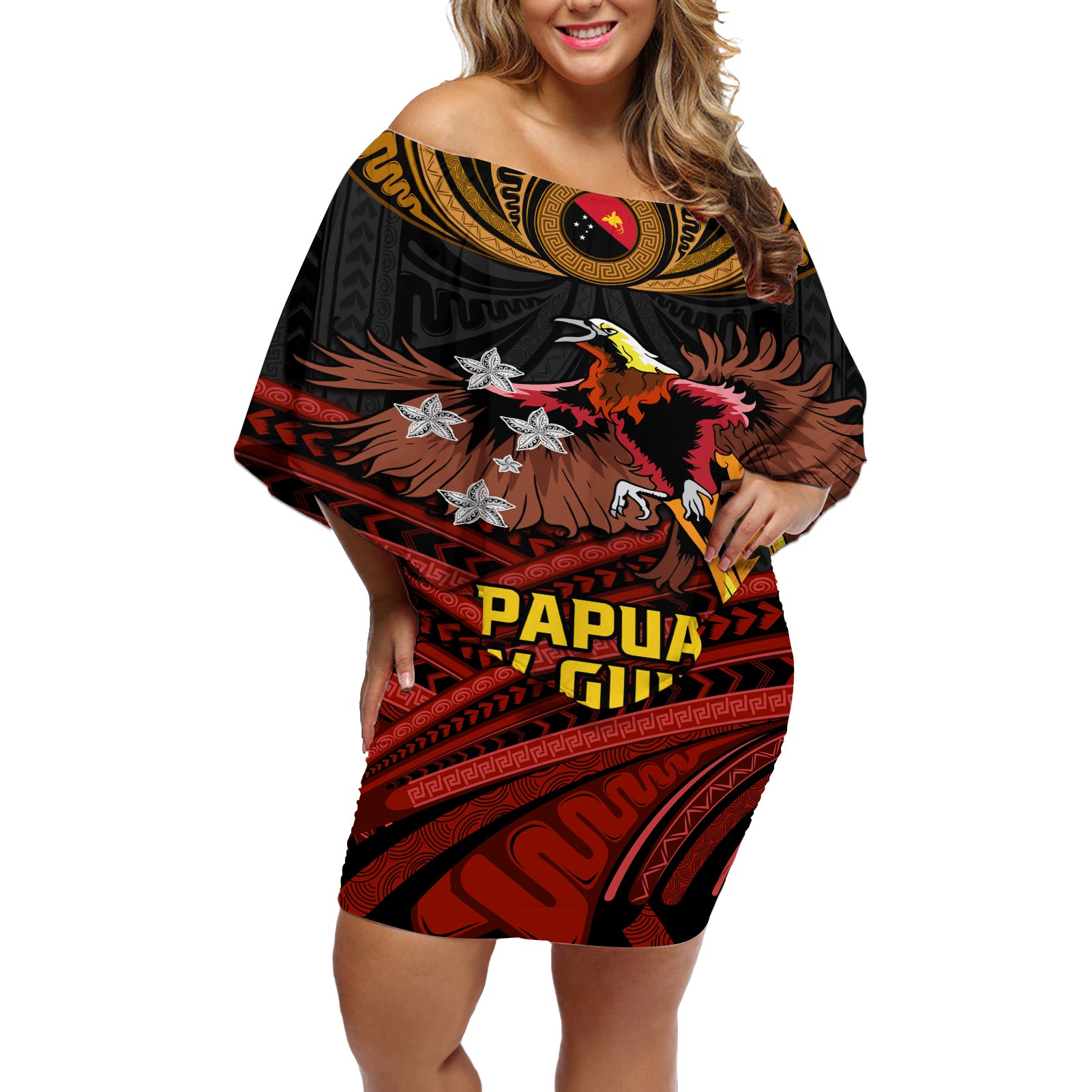 Papua New Guinea Bird-of-Paradise Off Shoulder Short Dress Coat of Arms and Tribal Patterns LT03 Women Black - Polynesian Pride