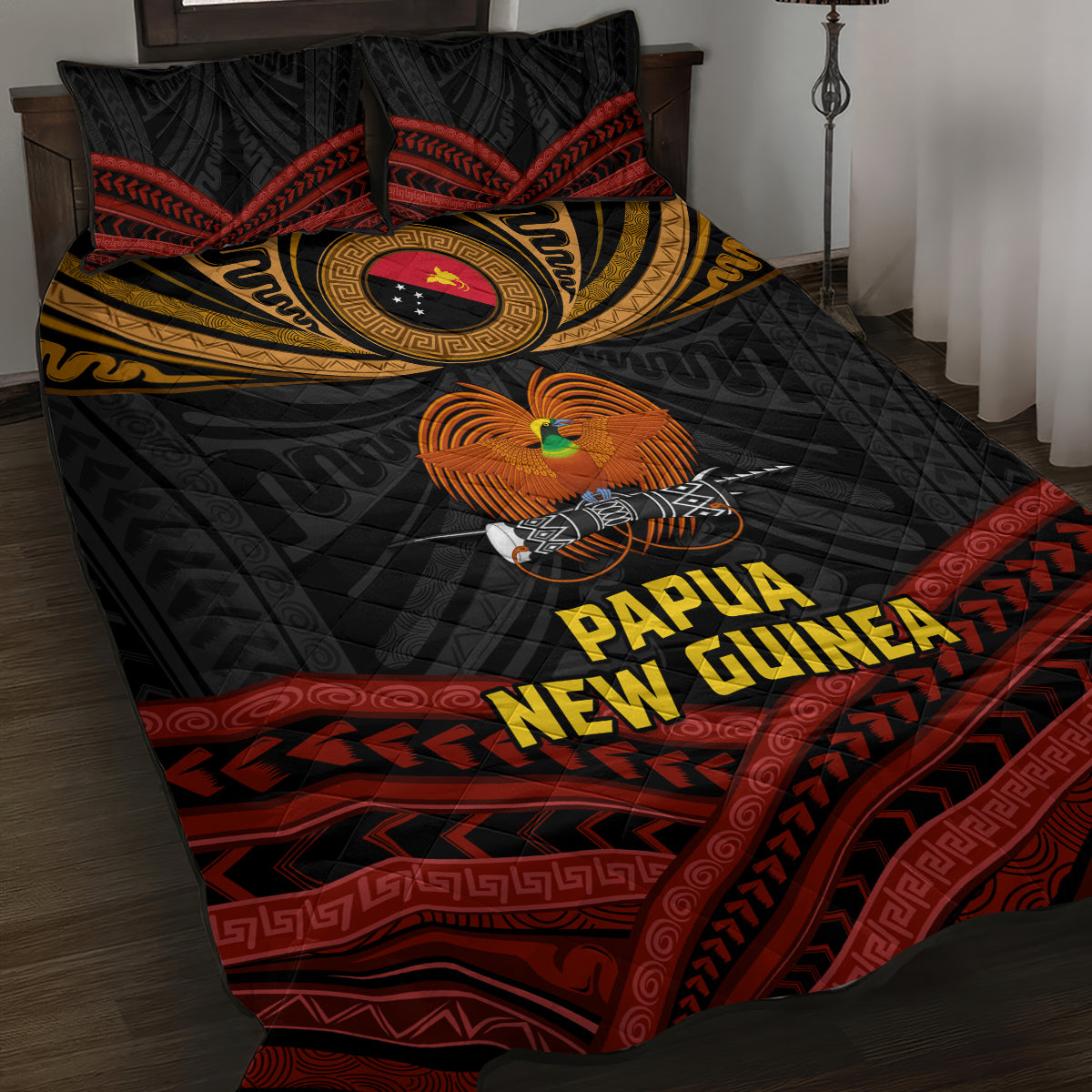 Papua New Guinea Bird-of-Paradise Quilt Bed Set Coat of Arms and Tribal Patterns LT03 Black - Polynesian Pride