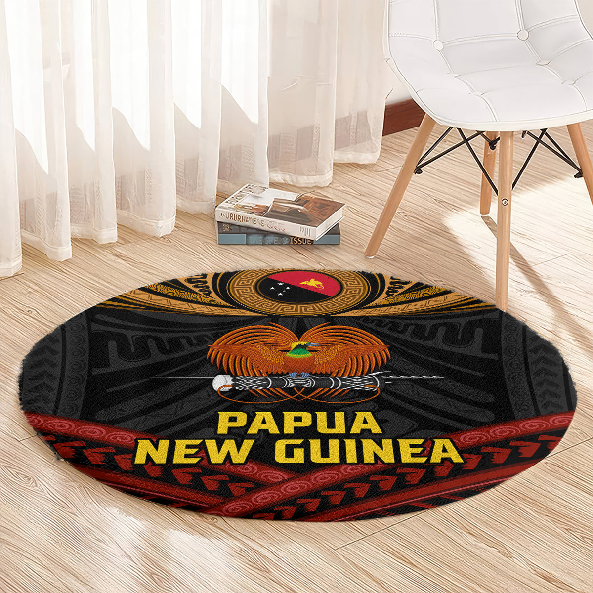 Papua New Guinea Bird-of-Paradise Round Carpet Coat of Arms and Tribal Patterns