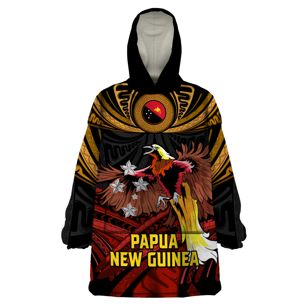 Papua New Guinea Bird-of-Paradise Wearable Blanket Hoodie Coat of Arms and Tribal Patterns LT03 One Size Black - Polynesian Pride