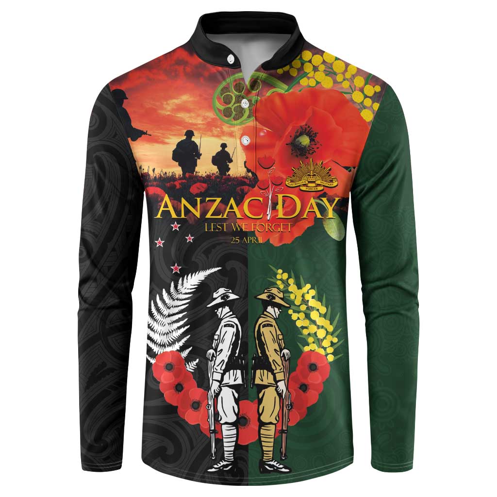 New Zealand and Australia ANZAC Day Button Sweatshirt Lest We Forget Indigenous and Maori Pattern