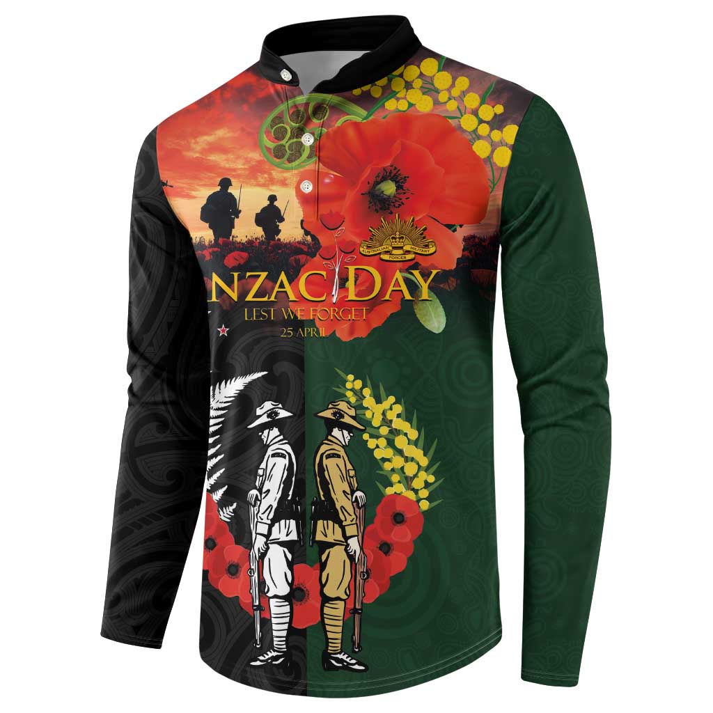 New Zealand and Australia ANZAC Day Button Sweatshirt Lest We Forget Indigenous and Maori Pattern