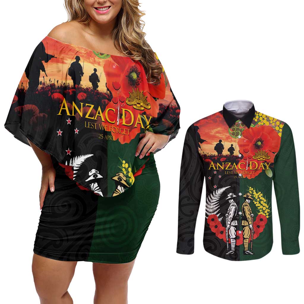 New Zealand and Australia ANZAC Day Couples Matching Off Shoulder Short Dress and Long Sleeve Button Shirt Lest We Forget Indigenous and Maori Pattern