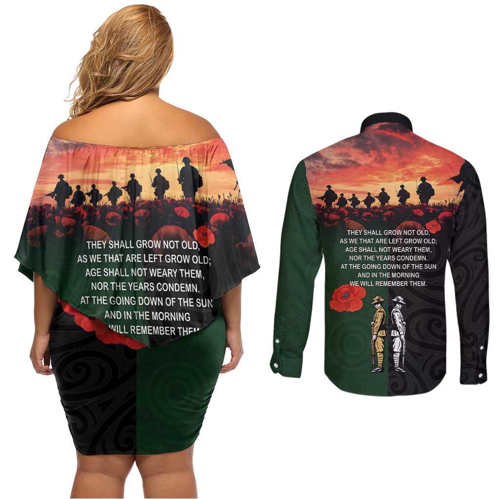 New Zealand and Australia ANZAC Day Couples Matching Off Shoulder Short Dress and Long Sleeve Button Shirt Lest We Forget Indigenous and Maori Pattern