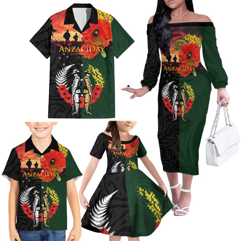 New Zealand and Australia ANZAC Day Family Matching Off The Shoulder Long Sleeve Dress and Hawaiian Shirt Lest We Forget Indigenous and Maori Pattern