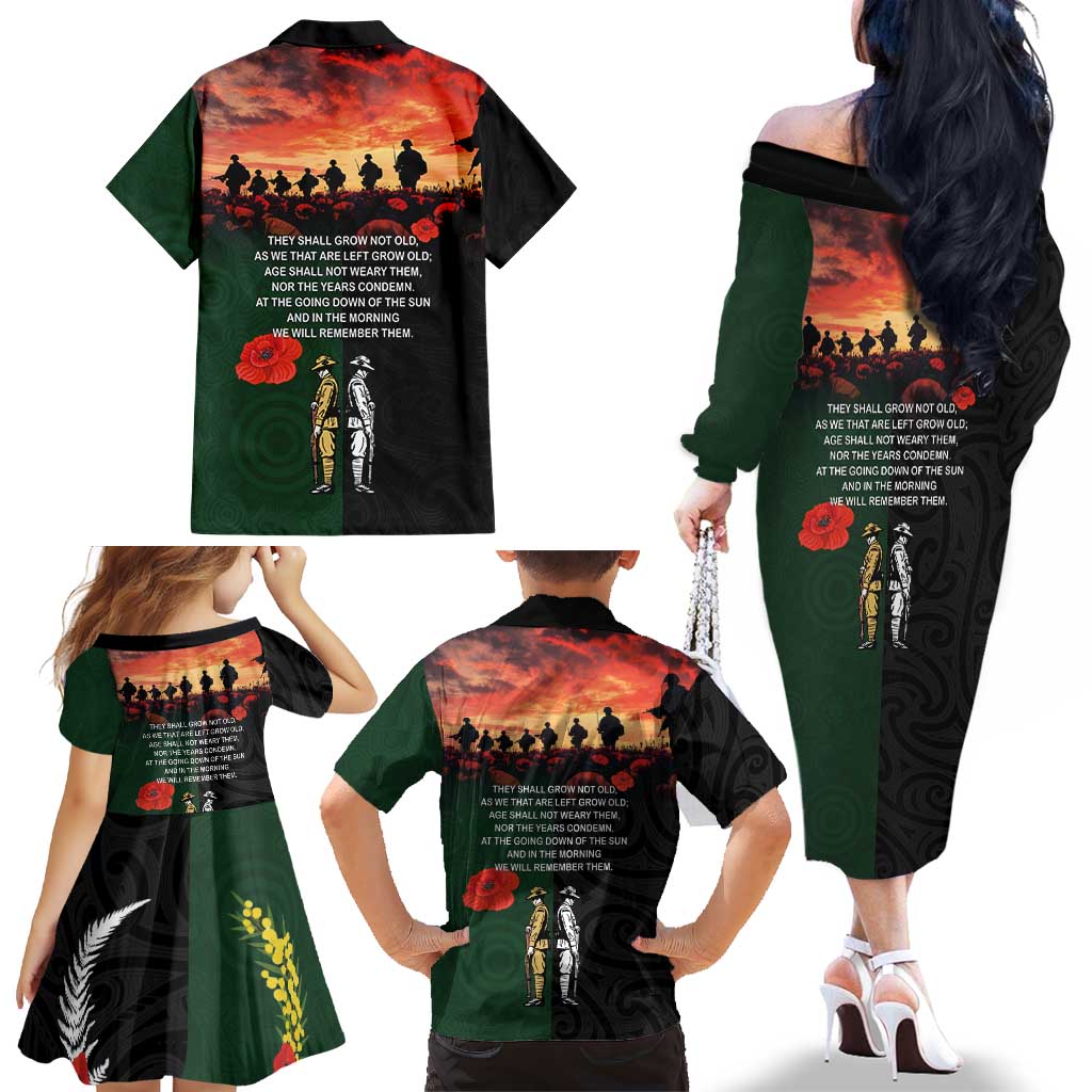 New Zealand and Australia ANZAC Day Family Matching Off The Shoulder Long Sleeve Dress and Hawaiian Shirt Lest We Forget Indigenous and Maori Pattern