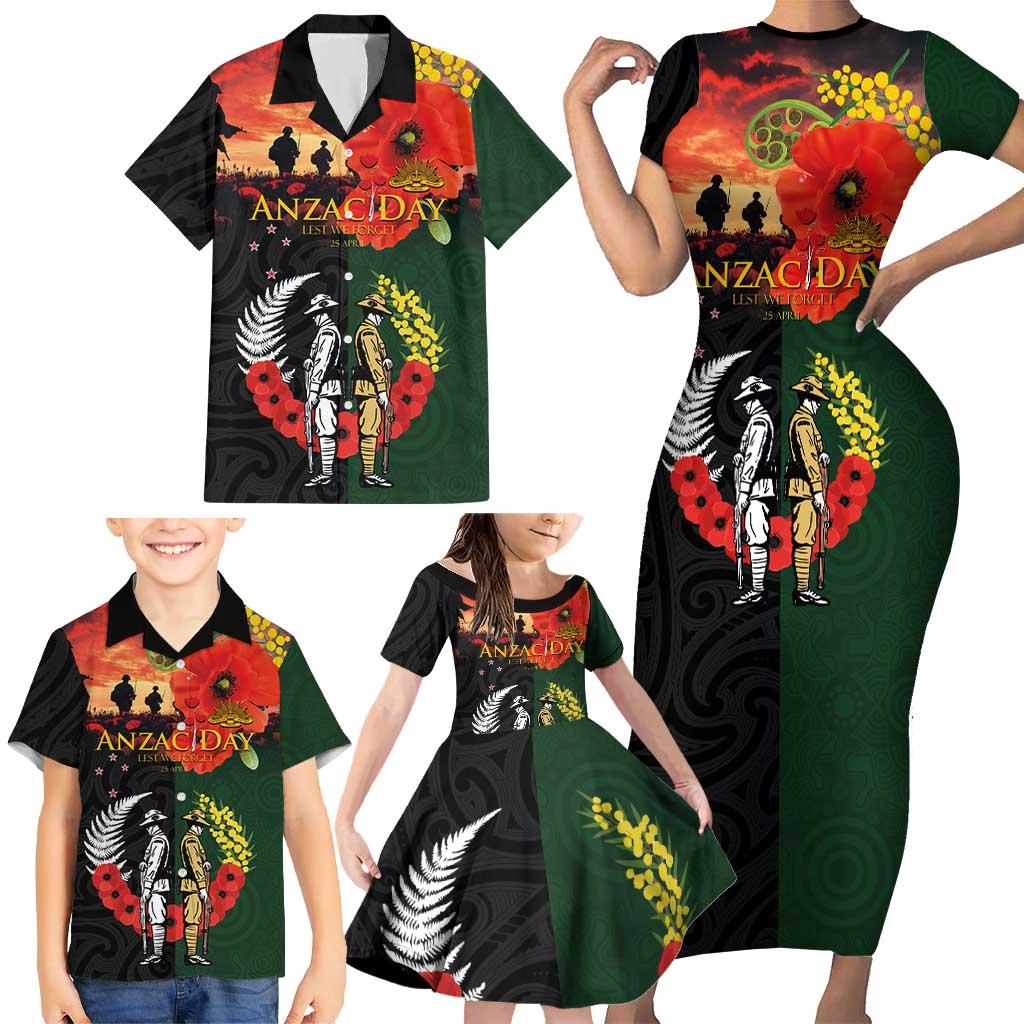 New Zealand and Australia ANZAC Day Family Matching Short Sleeve Bodycon Dress and Hawaiian Shirt Lest We Forget Indigenous and Maori Pattern