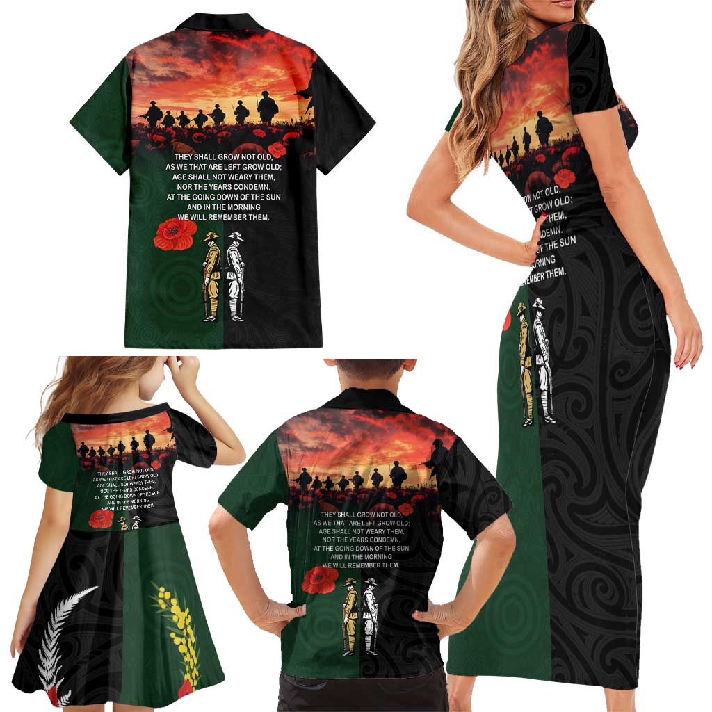 New Zealand and Australia ANZAC Day Family Matching Short Sleeve Bodycon Dress and Hawaiian Shirt Lest We Forget Indigenous and Maori Pattern