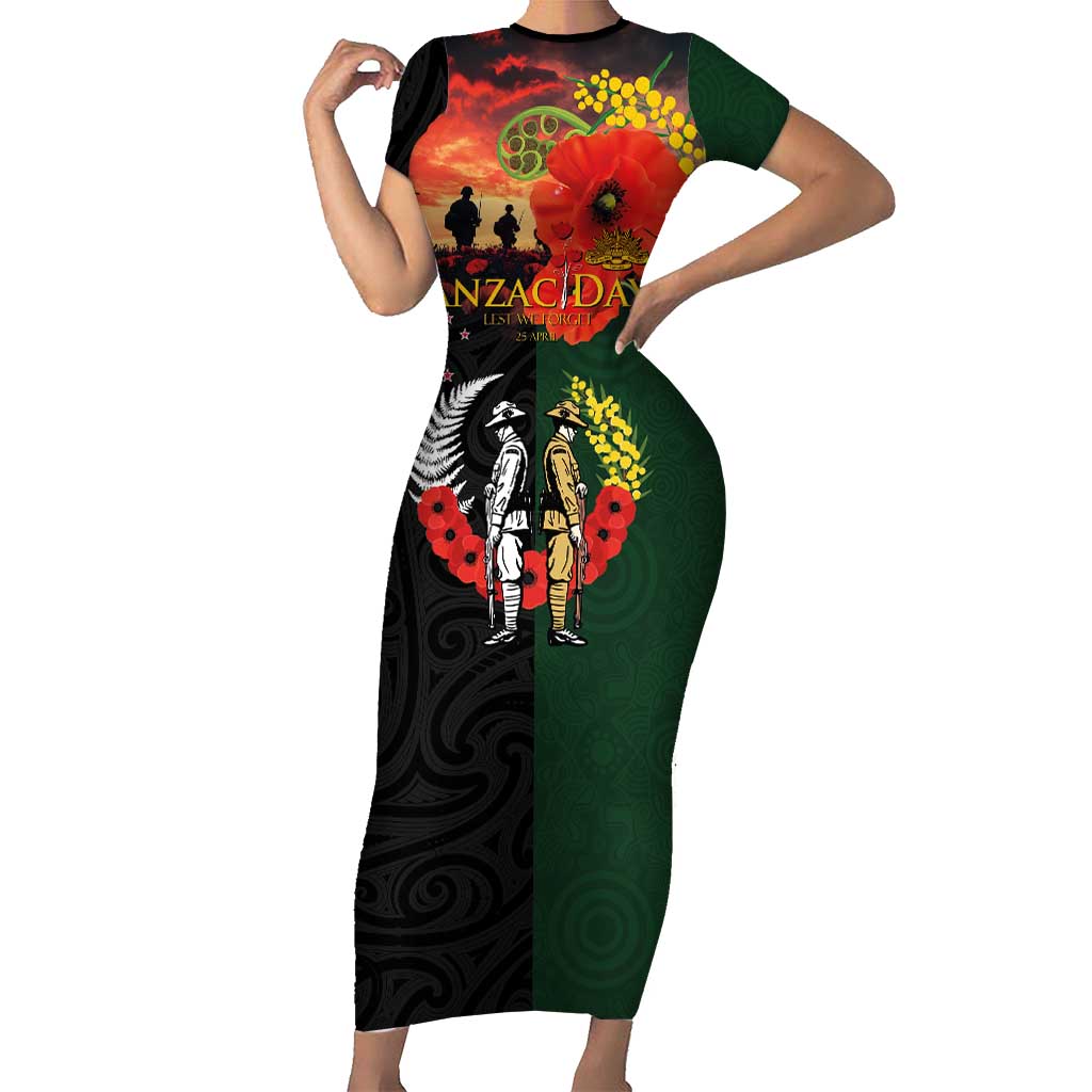 New Zealand and Australia ANZAC Day Family Matching Short Sleeve Bodycon Dress and Hawaiian Shirt Lest We Forget Indigenous and Maori Pattern