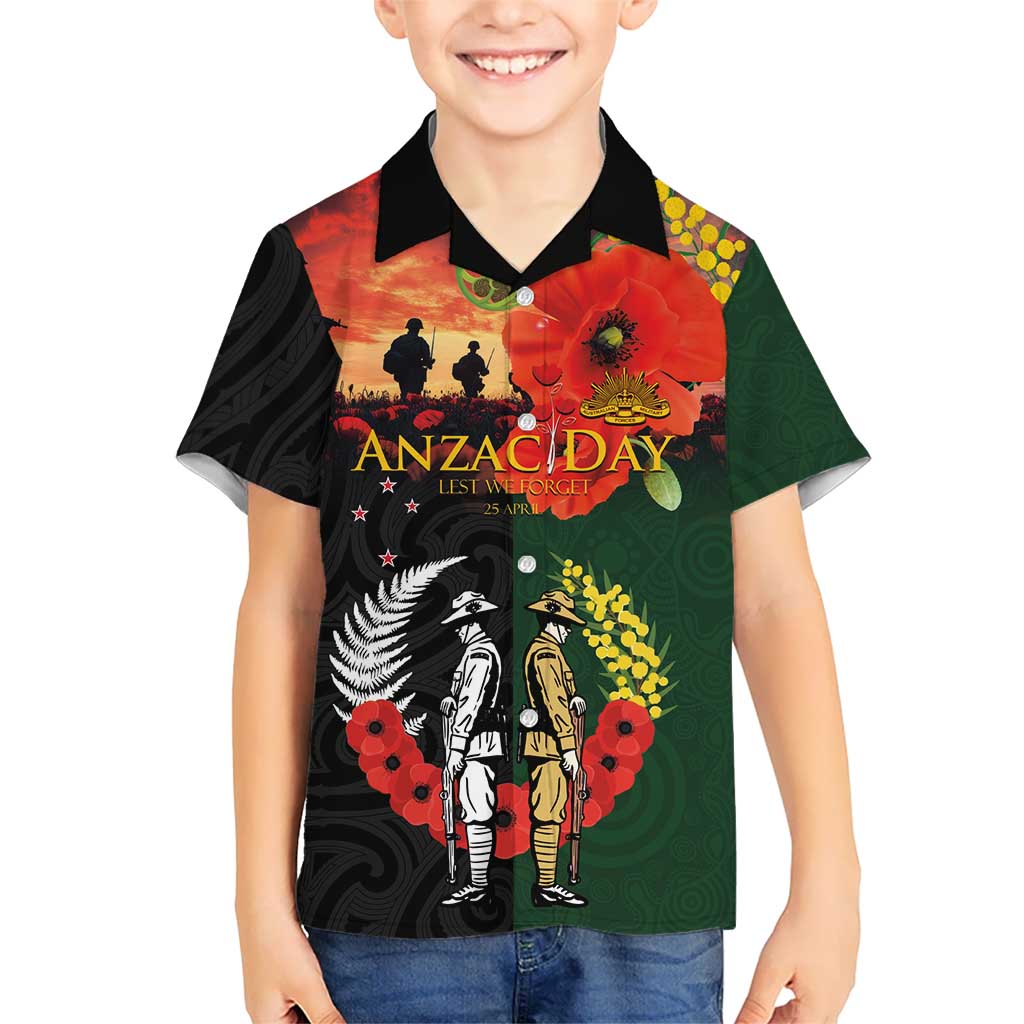 New Zealand and Australia ANZAC Day Family Matching Short Sleeve Bodycon Dress and Hawaiian Shirt Lest We Forget Indigenous and Maori Pattern