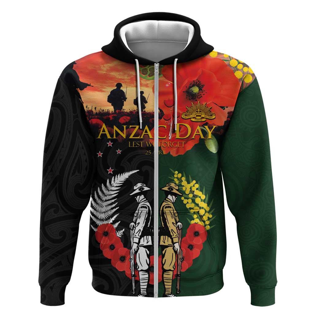 New Zealand and Australia ANZAC Day Hoodie Lest We Forget Indigenous and Maori Pattern LT03 Zip Hoodie Multicolor - Polynesian Pride