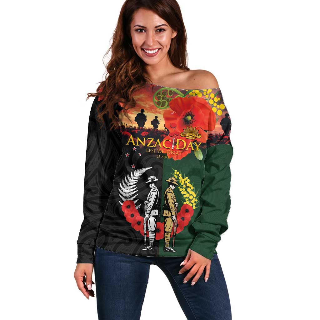 New Zealand and Australia ANZAC Day Off Shoulder Sweater Lest We Forget Indigenous and Maori Pattern LT03 Women Multicolor - Polynesian Pride