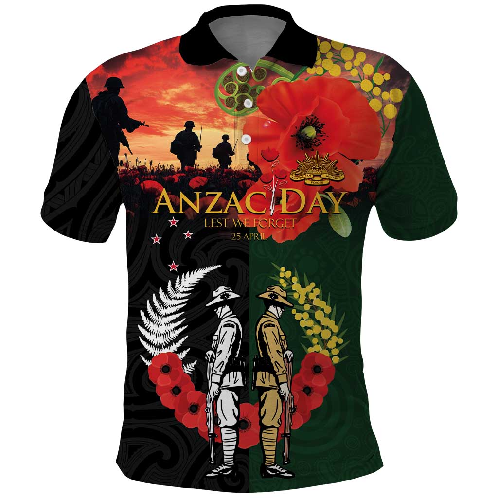 New Zealand and Australia ANZAC Day Polo Shirt Lest We Forget Indigenous and Maori Pattern