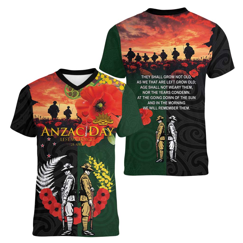New Zealand and Australia ANZAC Day Women V-Neck T-Shirt Lest We Forget Indigenous and Maori Pattern
