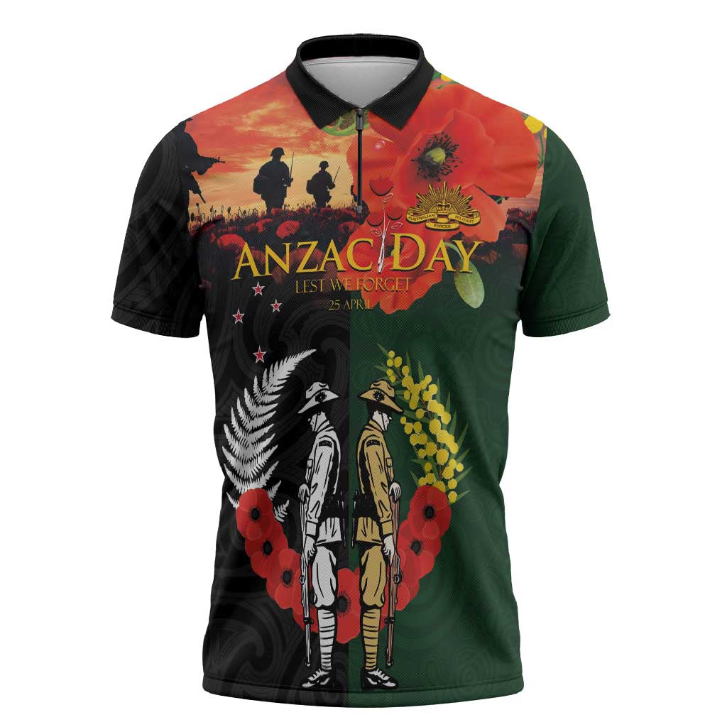 New Zealand and Australia ANZAC Day Zipper Polo Shirt Lest We Forget Indigenous and Maori Pattern
