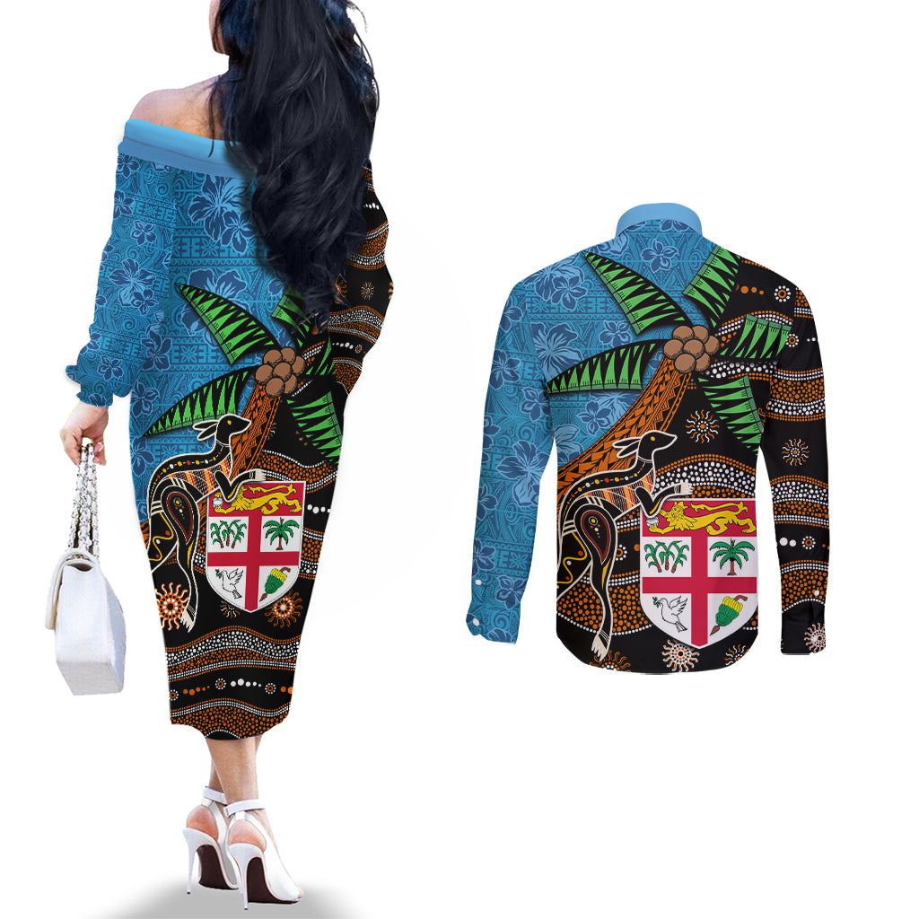 Fiji and Australia Couples Matching Off The Shoulder Long Sleeve Dress and Long Sleeve Button Shirt Fijian and Aboriginal mix Culture