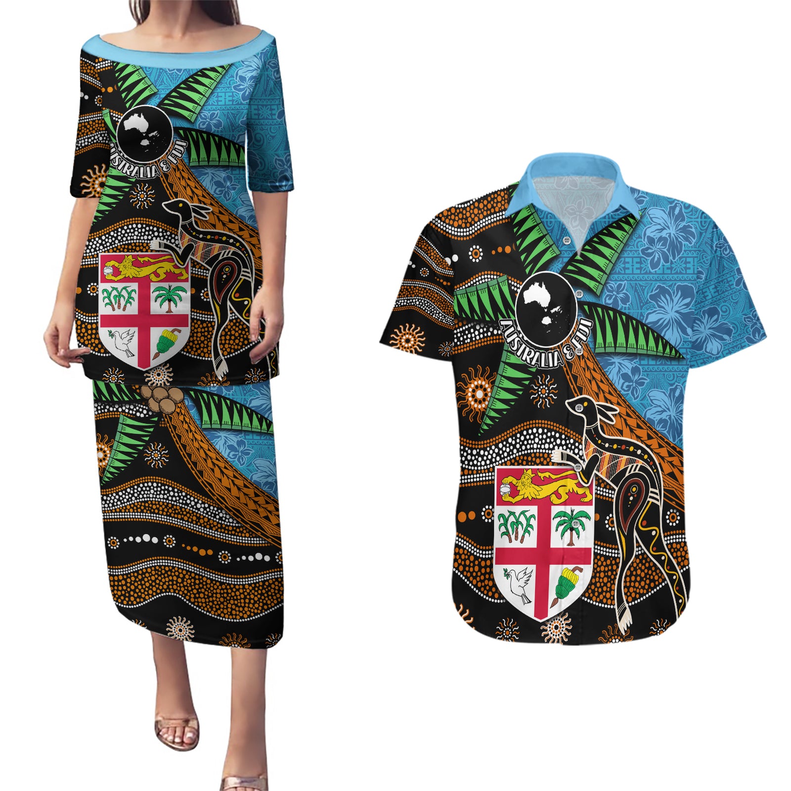 Fiji and Australia Couples Matching Puletasi and Hawaiian Shirt Fijian and Aboriginal mix Culture