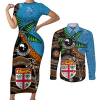 Fiji and Australia Couples Matching Short Sleeve Bodycon Dress and Long Sleeve Button Shirt Fijian and Aboriginal mix Culture