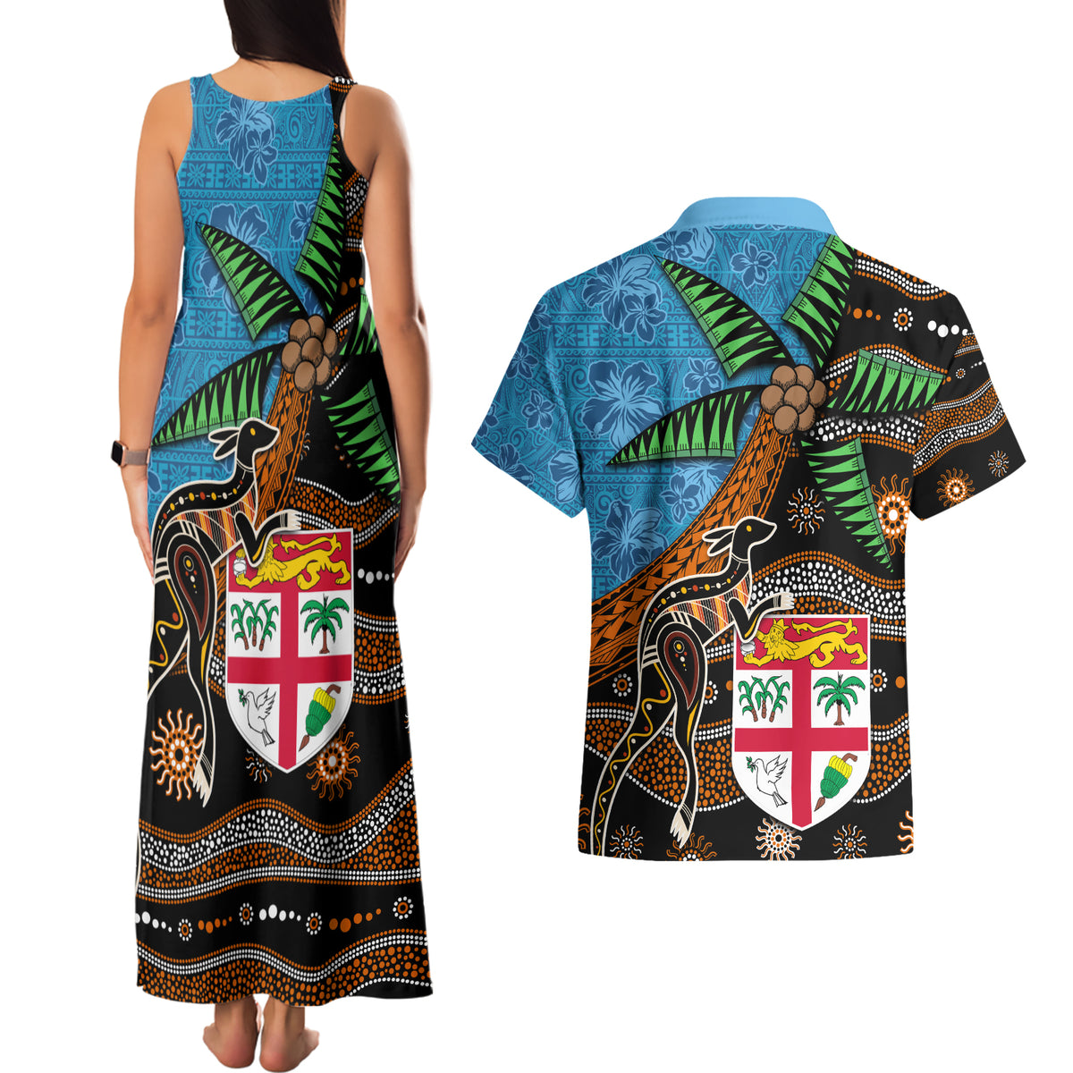 Fiji and Australia Couples Matching Tank Maxi Dress and Hawaiian Shirt Fijian and Aboriginal mix Culture