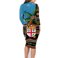 Fiji and Australia Family Matching Long Sleeve Bodycon Dress and Hawaiian Shirt Fijian and Aboriginal mix Culture