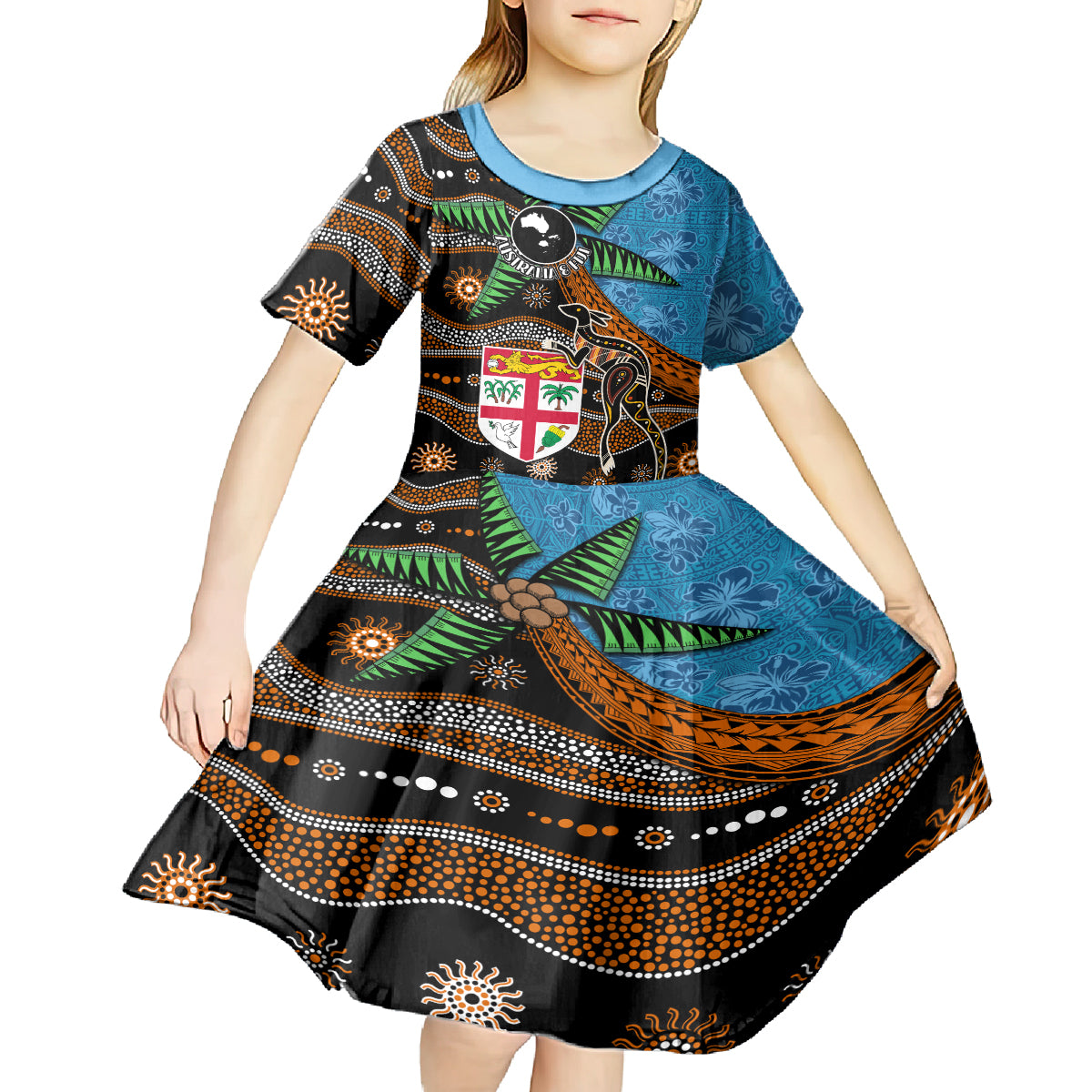 Fiji and Australia Kid Short Sleeve Dress Fijian and Aboriginal mix Culture